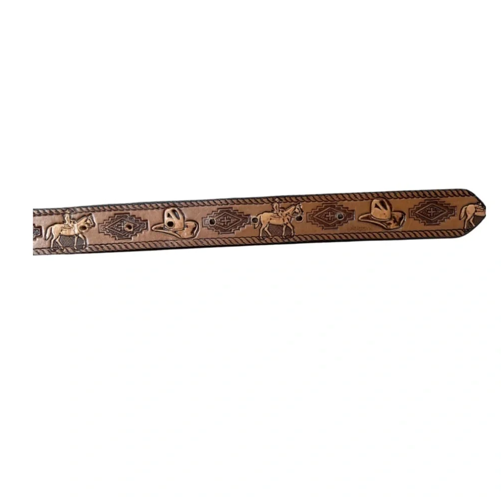 LONGHORN Leather & Buckle Ethan Tooled Belt Brown w/Silver Buckle Youth Size 28.